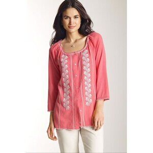 EUC J. Jill Coral XL Embroidered Button Front Top XL Missy 3/4-Sleeve